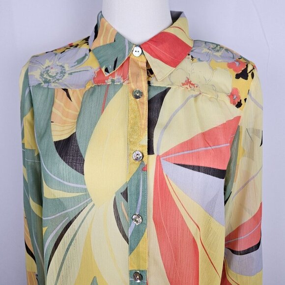 NEW Figueroa & Flower Shirt Petite Medium Sheer Tropical Floral Button Yellow - Picture 4 of 11
